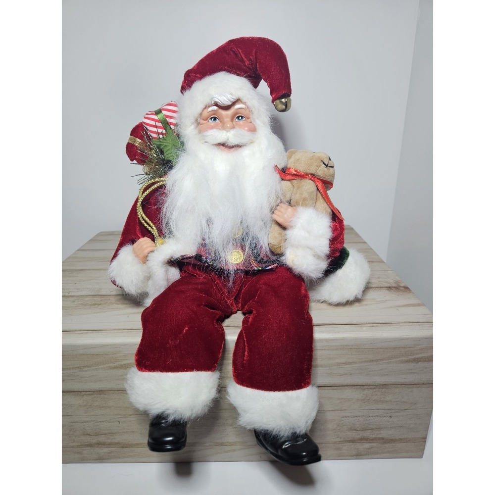 Red Velvet Suit Sitting Santa Shelf Sitter Doll Figurine Teddy Bear Toy Bag